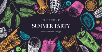 Summer party background. Non-alcoholic beverage, mocktail, ice cream, fruit, cocktail sketches. Hand drawn vector illustration. Summer food and drinks banner. Tropical frame design.
